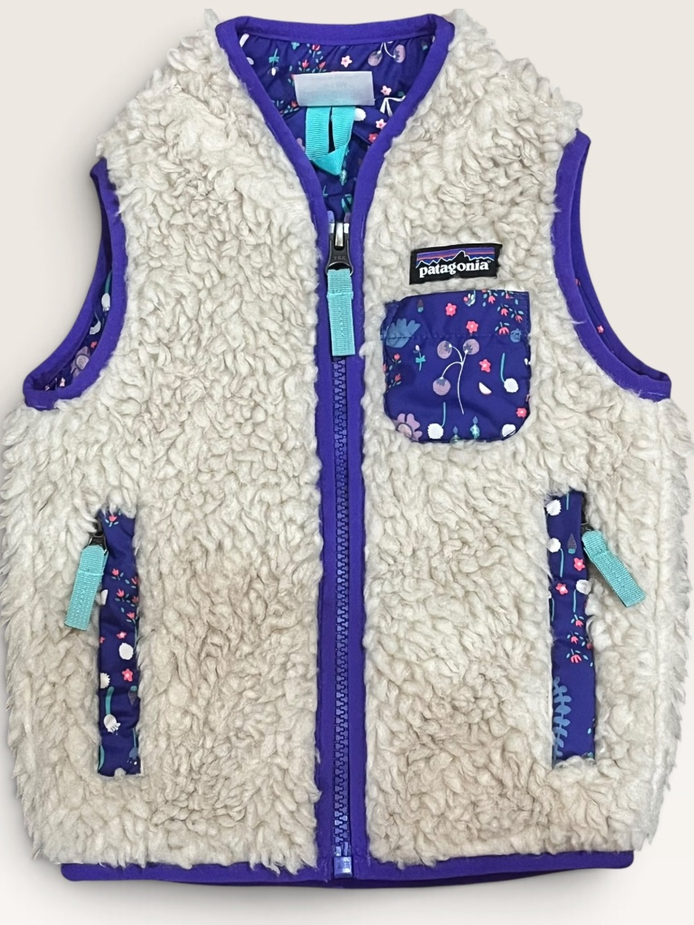 Patagonia Baby Retro-X Fleece Vest Cream Purple Floral Print 6-12M